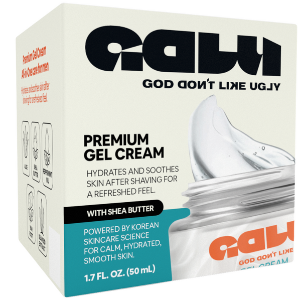 Box of GUD (God Don't Like UGLY) Premium Gel Cream with a clear container on a white background.