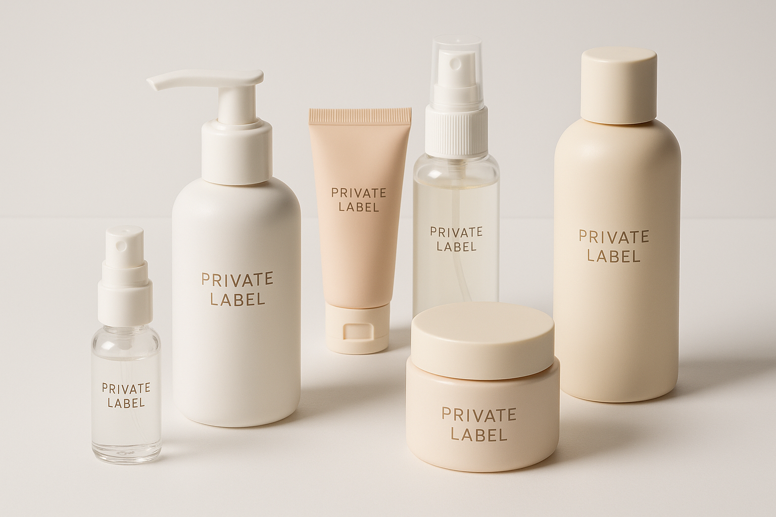 private label cosmetics with several packaging options with a white background. 